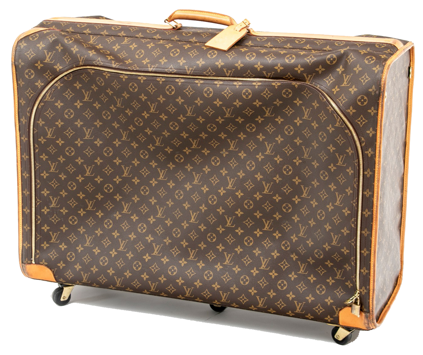 A tan leather LOUIS VUITTON TOP HANDLE LOGO ZIPPED SUITCASE ON WHEELS